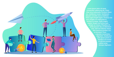 People and business.People hold puzzles in their hands and launch rockets.The concept of a business team.A business-style poster.Flat vector illustration.