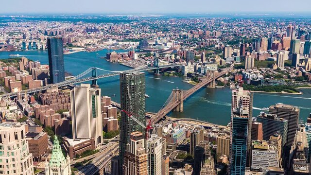 Uhd 4k Timelapse of  Panoramic aerial view of Brooklyn Bridge and Manhattan Bridge in New York City, NY, USA