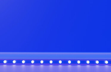 Blue empty stage with fluorescent lamps. Banners of shining parties on the background. 3D render.