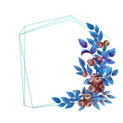 Geometric frame with ripe blueberries in blue tones on a white isolated background. Watercolor illustration