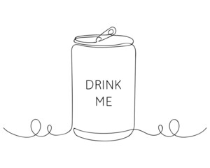 Single continuous line drawing of aluminum can. Stylized soft drink, modern one line style. Line art template of emblem drink store. Doodle container of beer soda water juice packaging. Vector mock up
