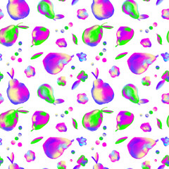 Neon pear on white background seamless pattern. Fluorescent fruit, botanical repeat print. Holographic pear design.