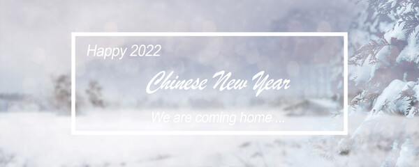 Happy Chinese year, we're coming home banner. Winter season white snow background. 