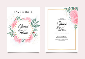 Golden frame wedding invitation template set with watercolor beautiful rose flower