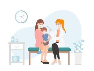 Doctor or paramedic in a clinic or hospital giving a child a vaccine against a virus, immunization against coronavirus, flu shot, healthcare