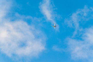 頭上の青空を飛ぶ白い飛行機