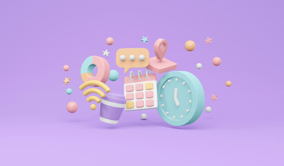 3D Rendering of Agenda element icons calendar internet WiFi clock coffee cup speech bubble symbol location service on background concept of time management. 3D render illustration cartoon style.