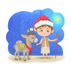 Child with donkey for greeting christmas card