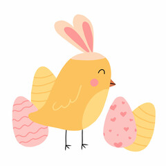 Vector illustration of a cute chick with easter eggs. Childish illustration of a cute Easter chick with bunny ears. Happy easter.