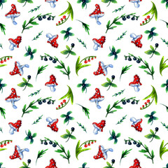seamless watercolor pattern of wildflowers, herbs, amanita and berries.