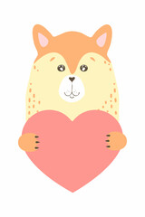 Cute cartoon animal holds a heart sign with copy space. set valentine's day greeting card banner invitation flyer brochure. cartoon hand drawn style. Little animals pets in love, declaration of love