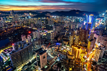 Urban buildings in Shenzhen, Guangdong Province, China, at sunset