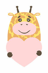 Cute cartoon animal holds a heart sign with copy space. set valentine's day greeting card banner invitation flyer brochure. cartoon hand drawn style. Little animals pets in love, declaration of love