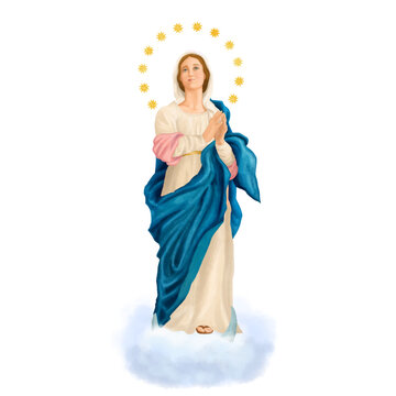 Our Lady of immaculate conception Virgin Mary catholic illustration.