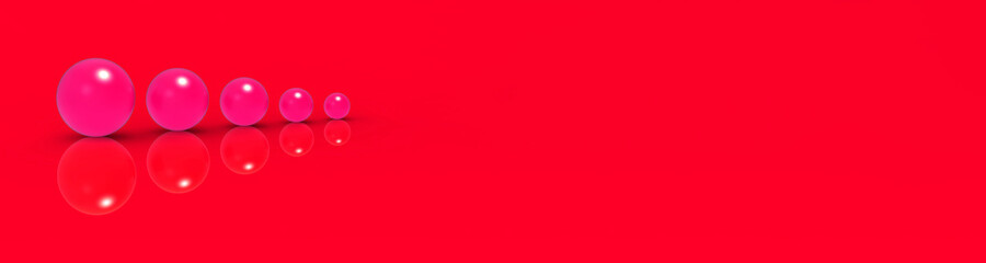 Five glass balls of different sizes of red color on red background. Growth of something. Progress. reflection. Banner for insertion into site. Horizontal image. 3D image. 3D rendering.
