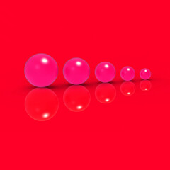 Five glass balls of different sizes of red color on red background. Growth of something. Progress. reflection. Square image. 3D image. 3D rendering.