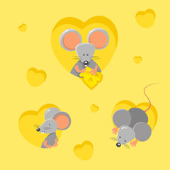 Mice peeking out of cheese and eating it