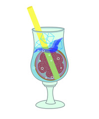 Cocktail with blue curacao. Vector illustration of an alcoholic cocktail drink with ice cubes. Summer cocktail with oranges
