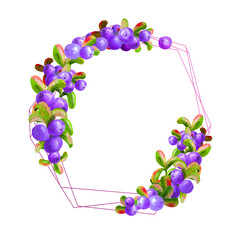 A geometric frame with ripe irgi berries on a white background is isolated. Graphic element. Watercolor illustration