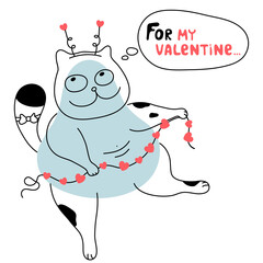 Valentine's Day Valentine Card with Cut Cat and Text - For My Valentine, Holiday Celebrated February 14.