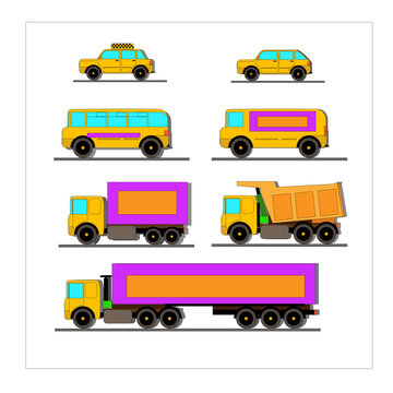 working machines on a white background. Badges of children's cars for decorating children's rooms, clothes, textiles.