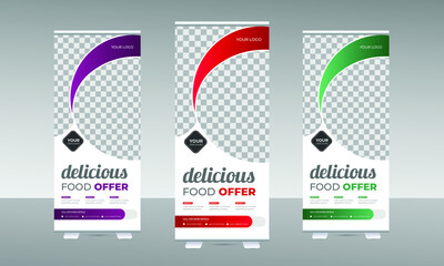 Modern Food Roll-Up Banner Design Template for Restaurant and Cafe Business 
with three different gradient colors.
Vertical, abstract roll-up template, banner stand, or flag design template