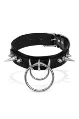 Detail shot of black leather choker with steel spike rivets and metal rings. Stylish adjustable choker with metal buckle is isolated on the white background.  