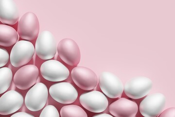 3d render of white and pink Easter eggs on a pastel pink background flat lay