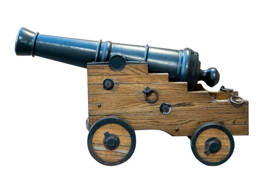 antique ship cannon on wheels isolated on a white background