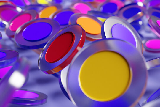 3D illustration colorful  tablets fly on a purple   background. Capsule, drag medicine