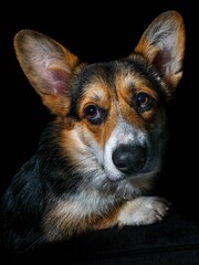 Pies rasy corgi pembroke w czapce i szaliku na czarnym tle