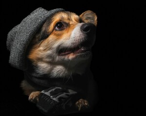 Pies rasy corgi pembroke w czapce i szaliku na czarnym tle