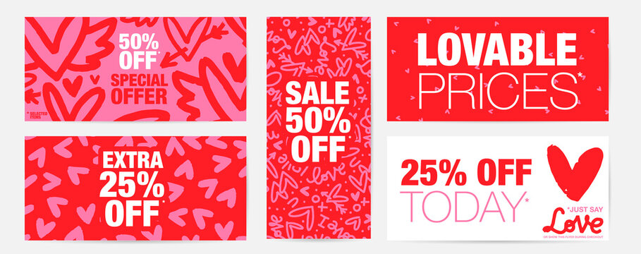 Valentines day horizontal and vertical abstract flyer or banner set. Colorful vector design in red and pink colors for shop promotion.