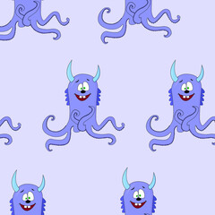 Seamless pattern of cartoon purple octopus monster with horns on a monochrome background. cute scary baby heroes pattern, design for kids