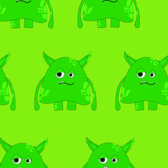 Obraz na płótnie Canvas Seamless pattern of cartoon sad green monster on a monochrome background. cute scary baby heroes pattern, design for kids