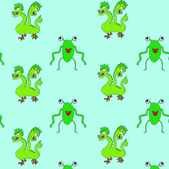 Pattern of cartoon  green monsters   on a  blue  background. cute scary baby heroes pattern, design for kids