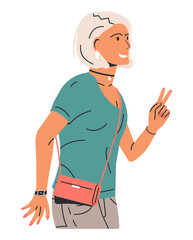 Cheerful Trendy Woman Showing Peace Gesture with Fingers. Smiling Female Character With Victory Sign. Expression of Feelings, Emotions. Body Language. Gesture of Success. Flat Vector Illustration