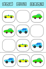 worksheet vector design, the task is to cut and glue a piece on colorful  cars.  Logic game for children.