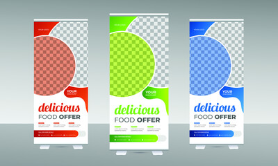 Naklejka premium Modern Food Roll-Up Banner Design Template for Restaurant and Cafe Business with three different gradient colors. Vertical, roll-up template, banner stand, or flag design template.