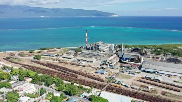 Sugar factory, Ingenio Barahona in Dominican Republic. Aerial drone panoramic view