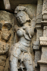 Sculptures carved on the outer wall of the Laxminarayana temple one of the five rock temples inside Bahadurgad, Pedgaon, Taluka Shrigonda, Maharashtra, India