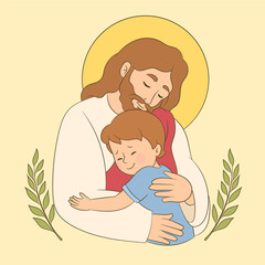Jesus Hugging a little boy, feeling love and care, in the arms of the savior.