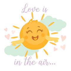 Sun with hand drawn letters, time for love, valentines celebration.