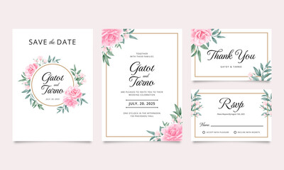 Fototapeta na wymiar Set of beautiful wedding invitation card template with watercolor roses and green leaves