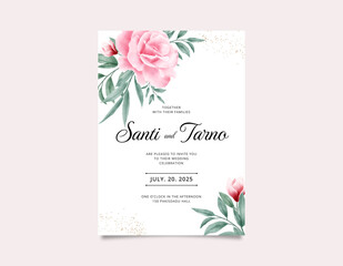 Wedding invitation card template set with watercolor rose flower decoration