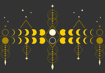 Fototapeta na wymiar Yellow moon different phases or lunar phases mysterious astrology magic spell talisman on black background flat vector design icon.