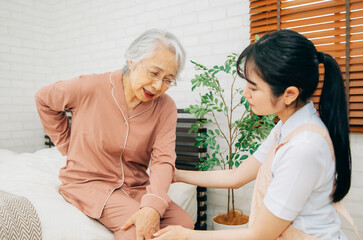 Fototapeta premium 痛がる高齢者女性と介護士（腰痛）