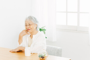 窓辺に座る高齢者女性（笑顔）
