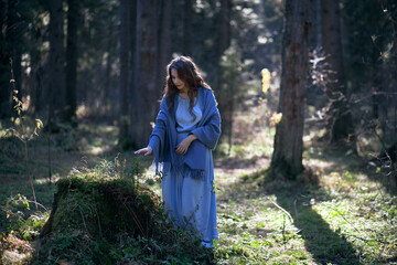 a girl is joking in a cedar forest, a story about a forest elf