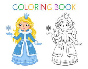 Coloring book for children. Cute girl in a cartoon style in snow forest background. Vector illustration with a princess in a beautiful dress. - 480322546
